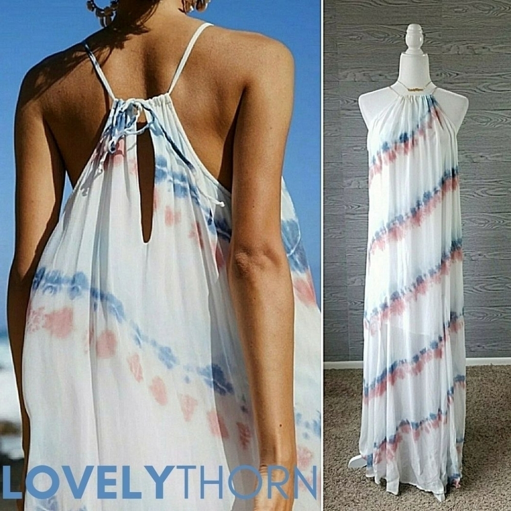 YFB // ultra-chic elie trapeze high neck halter flowy maxi dress